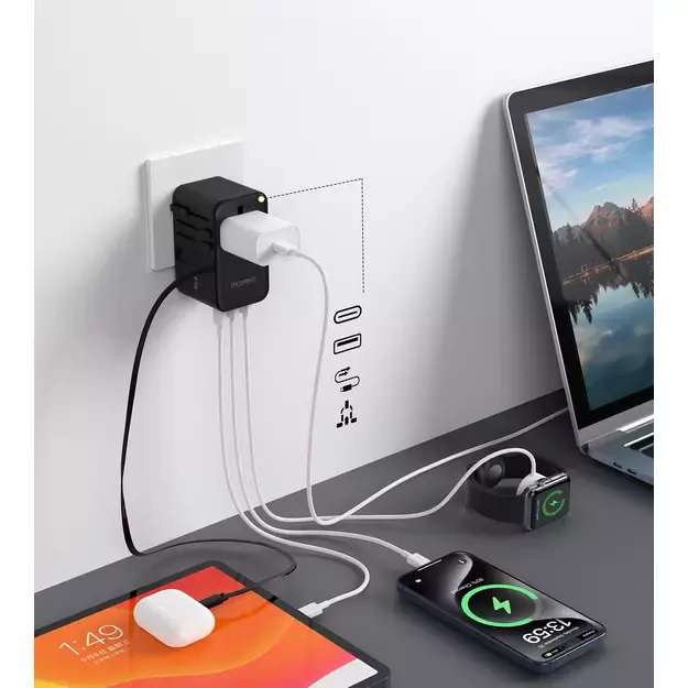 Choetech PD5022 70W EU/US/AUS/UK Travel Adapter with Built-in USB-C Cable - Black 4