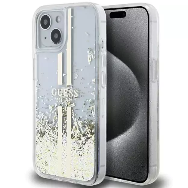Guess Liquid Glitter Gold Stripes case for iPhone 15 Plus / 14 Plus - transparent