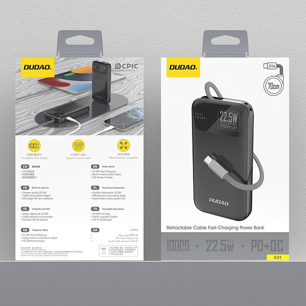 Dudao K31 10000 mAh 22.5W PD Powerbank with Built-in Cable - Black 3
