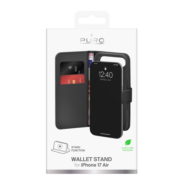 Puro Wallet Stand Case for iPhone 17 Air made of eco-leather, with a flap, wallet and stand function - black 1
