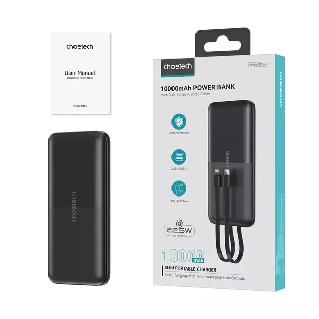 Powerbank Choetech B654 10000mAh 22.5W USB-A / USB-C / micro USB with built-in USB-C / Lightning cable - black 2