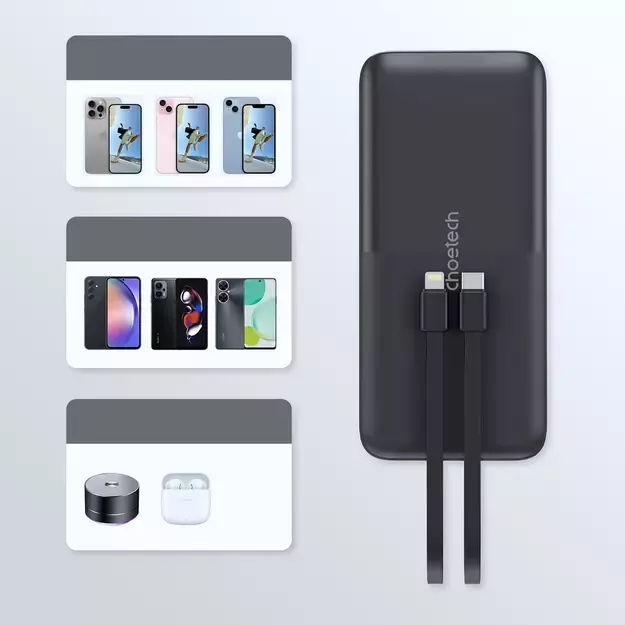 Powerbank Choetech B654 10000mAh 22.5W USB-A / USB-C / micro USB with built-in USB-C / Lightning cable - black 10