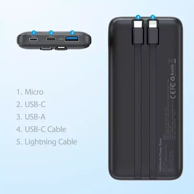 Powerbank Choetech B654 10000mAh 22.5W USB-A / USB-C / micro USB with built-in USB-C / Lightning cable - black 7