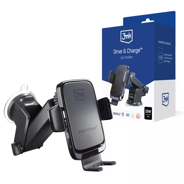 3mk Drive &amp  Charge car phone holder for grille/window/cockpit with inductive charger - black