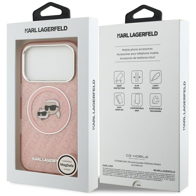 Karl Lagerfeld IML Glitter Karl&amp Choupette Heads Logo MagSafe Case for iPhone 17 Pro Max - Pink 7
