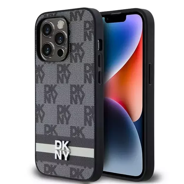 DKNY Leather Checkered Mono Pattern &amp  Printed Stripes iPhone 14 Pro Case - Black