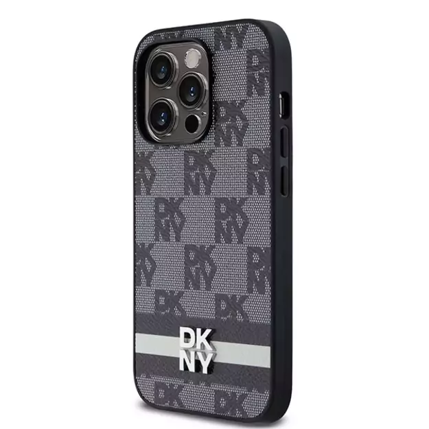 DKNY Leather Checkered Mono Pattern &amp  Printed Stripes iPhone 14 Pro Case - Black 8