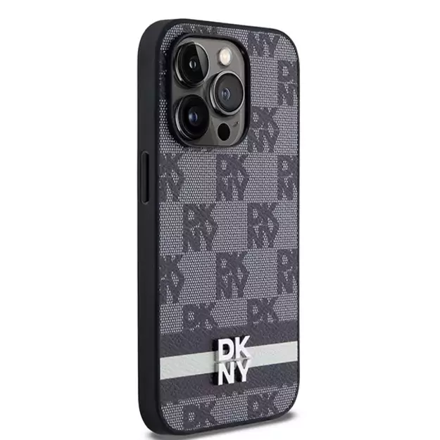 DKNY Leather Checkered Mono Pattern &amp  Printed Stripes iPhone 14 Pro Case - Black 10