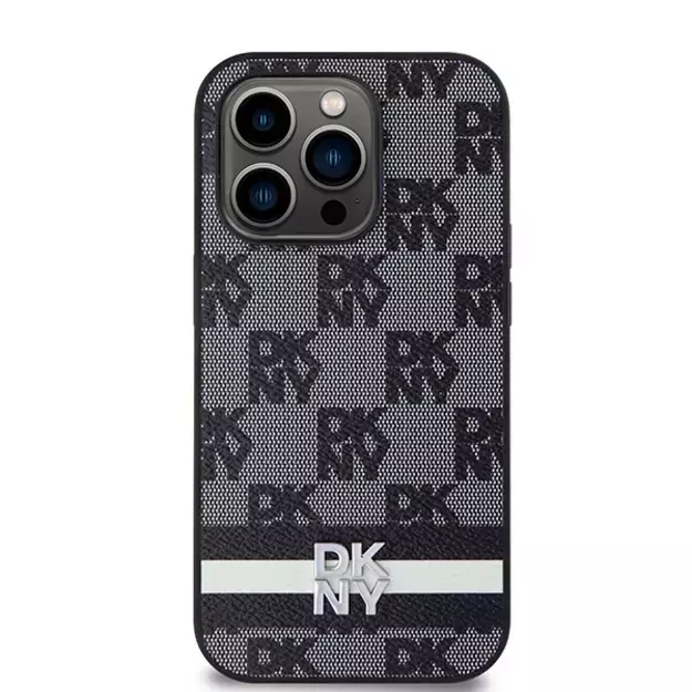 DKNY Leather Checkered Mono Pattern &amp  Printed Stripes iPhone 14 Pro Case - Black 9