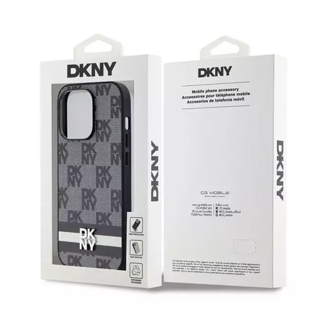 DKNY Leather Checkered Mono Pattern &amp  Printed Stripes iPhone 14 Pro Case - Black 14