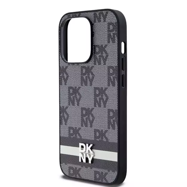 DKNY Leather Checkered Mono Pattern &amp  Printed Stripes iPhone 14 Pro Case - Black 12