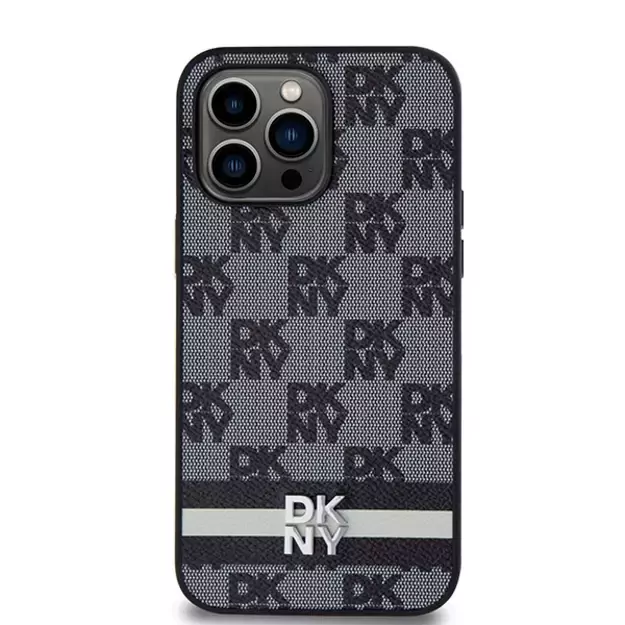 DKNY Leather Checkered Mono Pattern &amp  Printed Stripes Case for iPhone 14 Pro Max - Black 2