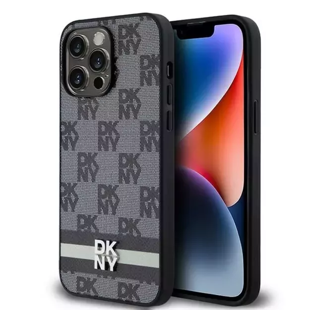 DKNY Leather Checkered Mono Pattern &amp  Printed Stripes Case for iPhone 14 Pro Max - Black