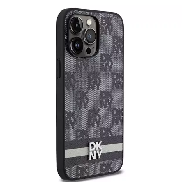 DKNY Leather Checkered Mono Pattern &amp  Printed Stripes Case for iPhone 14 Pro Max - Black 3