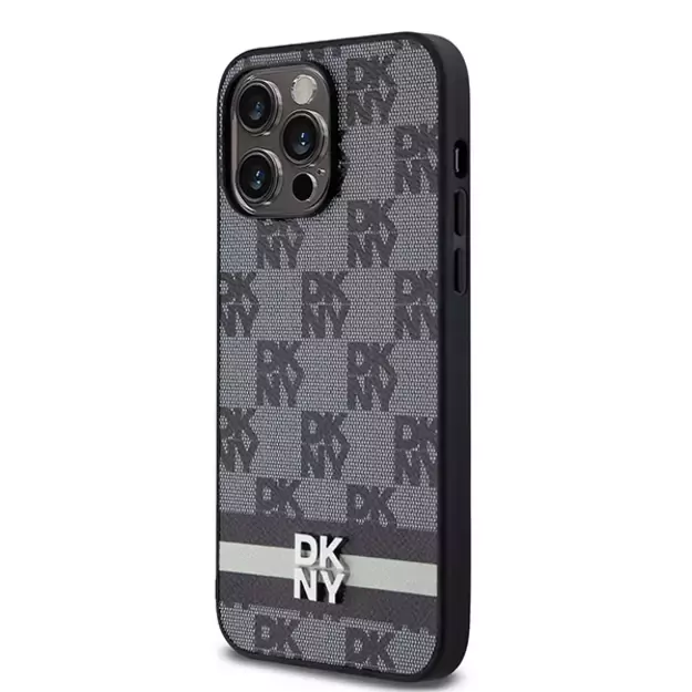 DKNY Leather Checkered Mono Pattern &amp  Printed Stripes Case for iPhone 14 Pro Max - Black 1
