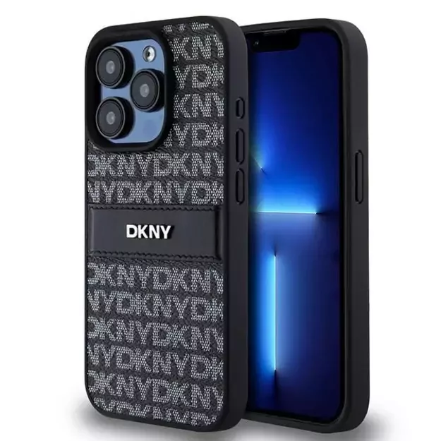 DKNY Leather Mono Stripe &amp  Metal Logo case for iPhone 15 Pro - black