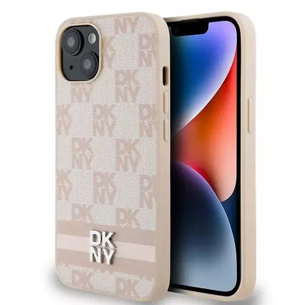 DKNY Leather Checkered Mono Pattern &amp  Printed Stripes case for iPhone 15 / 14 / 13 - pink