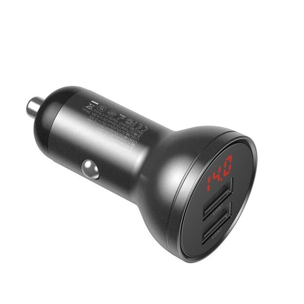 Baseus 2x USB 4.8A 24W car charger with LCD + 3in1 cable USB - USB Type C / micro USB / Lightning 1.2m black (TZCCBX-0G) 1