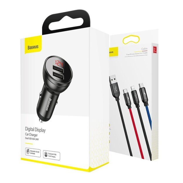 Baseus 2x USB 4.8A 24W car charger with LCD + 3in1 cable USB - USB Type C / micro USB / Lightning 1.2m black (TZCCBX-0G) 16