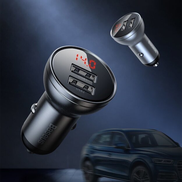 Baseus 2x USB 4.8A 24W car charger with LCD + 3in1 cable USB - USB Type C / micro USB / Lightning 1.2m black (TZCCBX-0G) 6