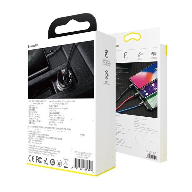 Baseus 2x USB 4.8A 24W car charger with LCD + 3in1 cable USB - USB Type C / micro USB / Lightning 1.2m black (TZCCBX-0G) 17