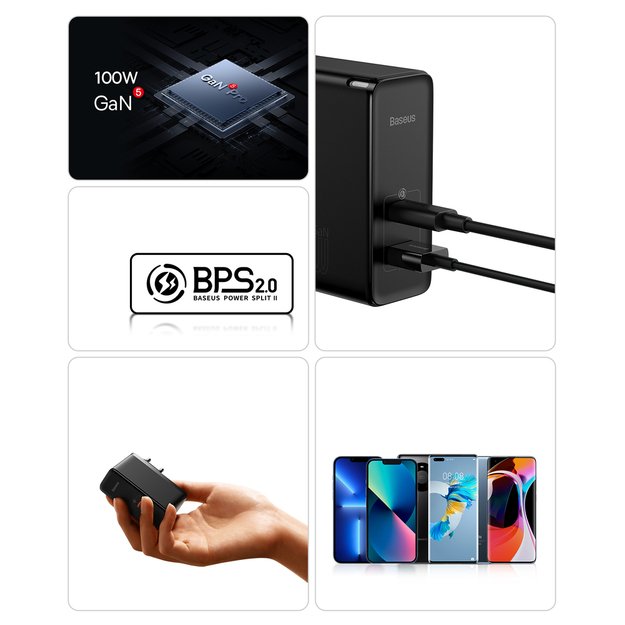 Baseus GaN5 Pro fast universal wall charger GaN USB Type C / USB 100W PD3.0, QC4.0+, AFC black (CCGP090201) 12