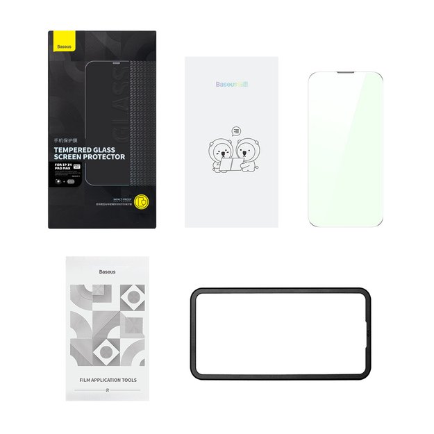 Baseus Full Screen Tempered Glass for iPhone 14 Pro Max with Anti Blue Light Filter and 0.3mm Speaker Cover + Mounting Frame 7