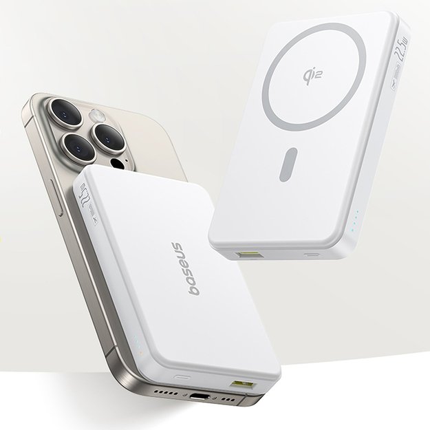Baseus Airpow II 10000mAh Qi2 Power Bank with MagSafe 22.5W with Baseus Simple Series USB-C Cable - USB-C 20V/3A (30cm) - White 1
