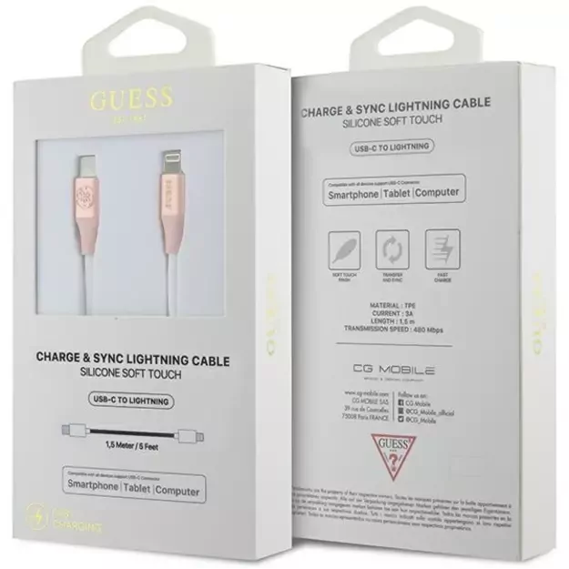 Guess Ebossed Logo USB-C / Lightning Cable 1.5m Fast Charging - Pink 1
