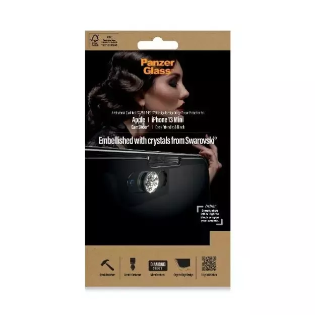 PanzerGlass E2E Microfracture antibacterial glass with camera cover with Swarovsky crystal for iPhone 13 mini - with black frame 1