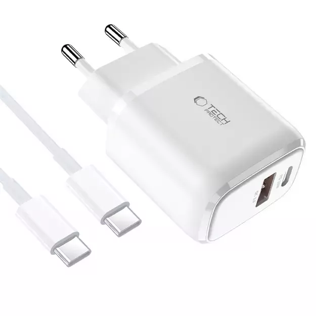 Tech-Protect C20W USB-C PD 20W / USB-A QC 3.0 charger with USB-C / USB-C cable - white 1