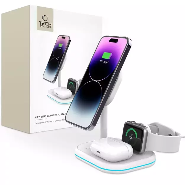 Tech-Protect QI15W-A27 3-in-1 inductive charger with MagSafe stand for smartphone / Apple Watch / AirPods - white