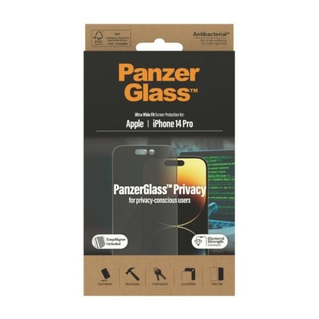 PanzerGlass Ultra-Wide Fit Tempered Glass Antibacterial Privacy with Positioner for iPhone 14 Pro 7