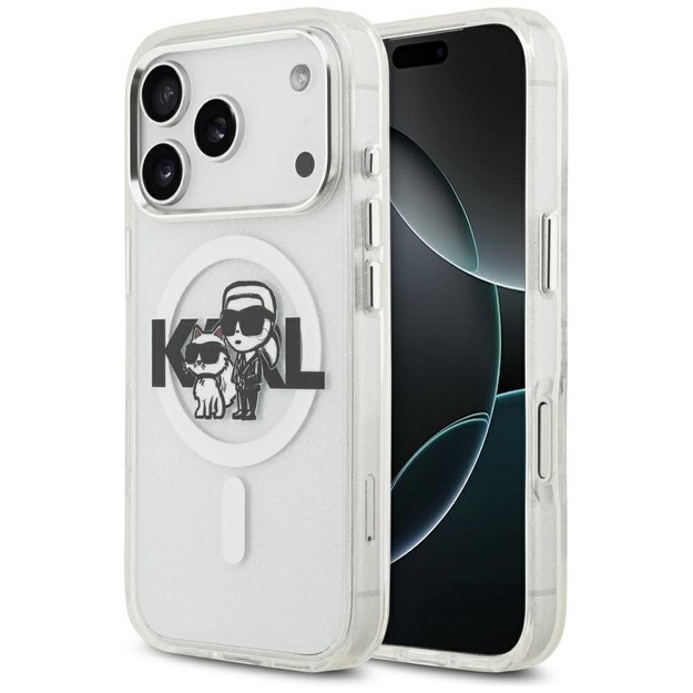 Karl Lagerfeld IML Glitter Karl &amp  Choupette Sketch Logo MagSafe Case for iPhone 17 Pro - Clear