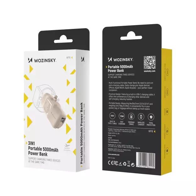 Wozinsky WF16-YLS 5000mAh 15W Lightning Mini Power Bank with Built-in USB-C Cable and Apple Watch Charger - Beige 22