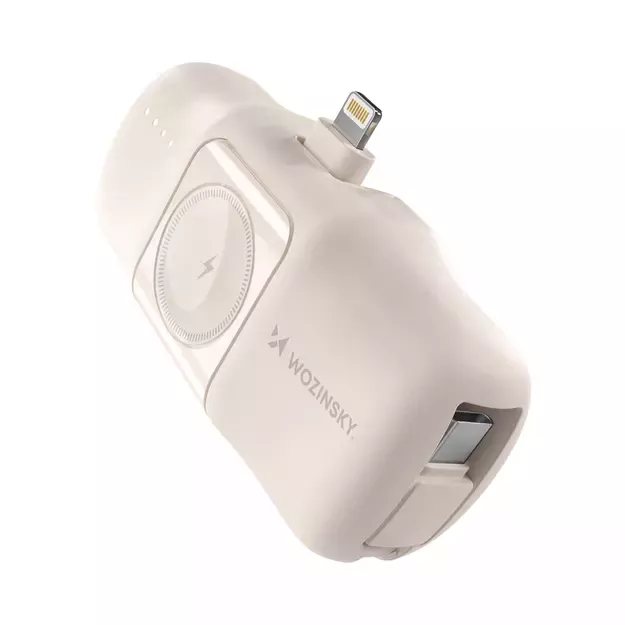 Wozinsky WF16-YLS 5000mAh 15W Lightning Mini Power Bank with Built-in USB-C Cable and Apple Watch Charger - Beige