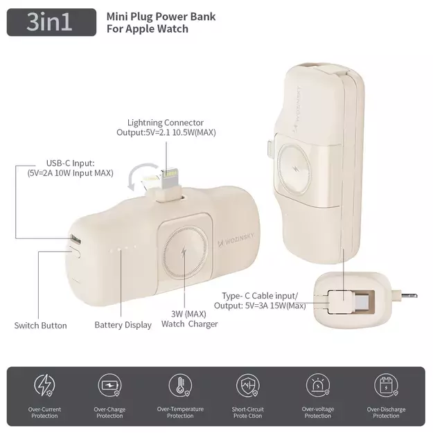 Wozinsky WF16-YLS 5000mAh 15W Lightning Mini Power Bank with Built-in USB-C Cable and Apple Watch Charger - Beige 20