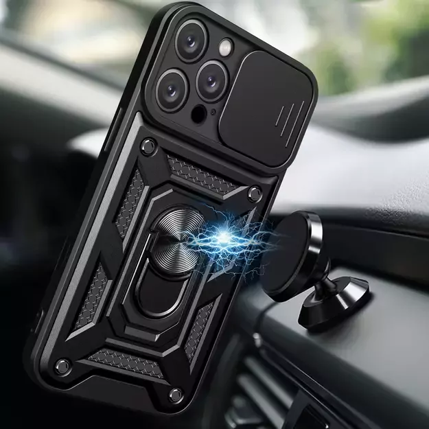 Hybrid Armor Camshield iPhone 16 Pro Case with Camera Cover and Stand - Black 11