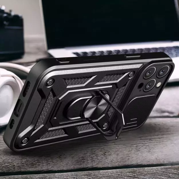 Hybrid Armor Camshield iPhone 16 Pro Case with Camera Cover and Stand - Black 14