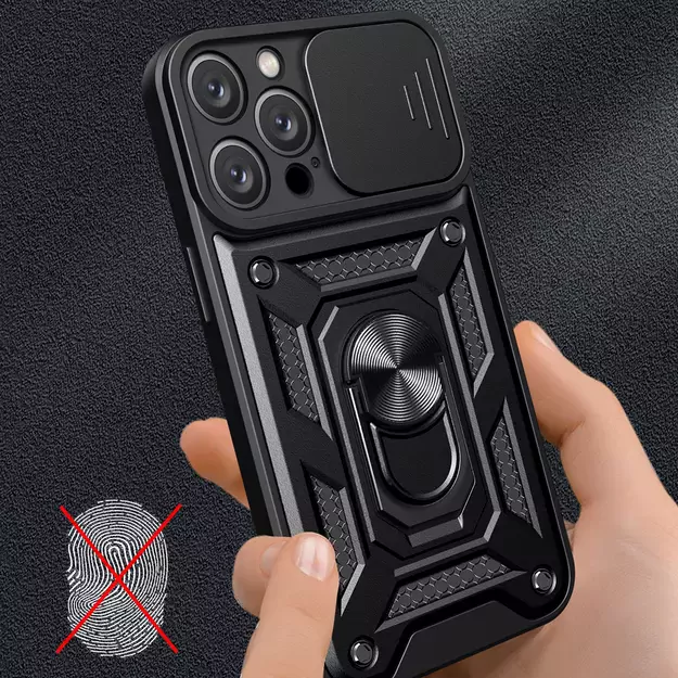 Hybrid Armor Camshield iPhone 16 Pro Case with Camera Cover and Stand - Black 13