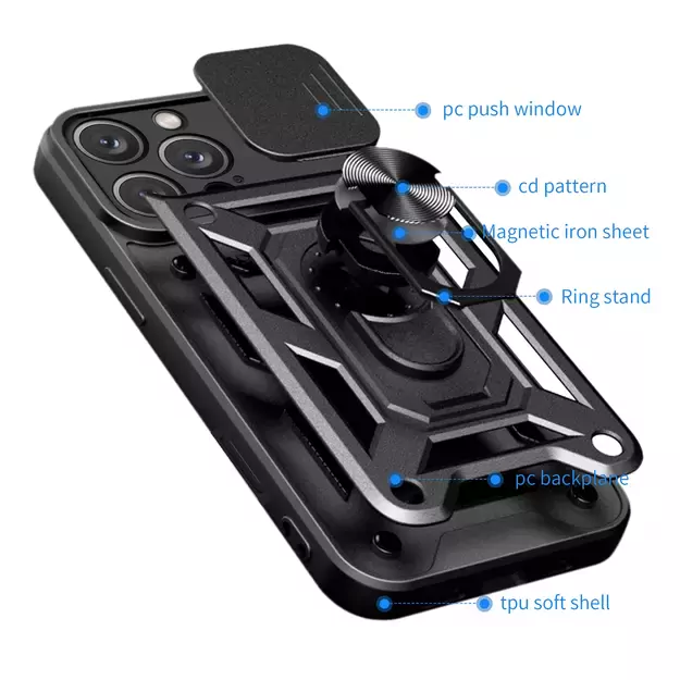Hybrid Armor Camshield iPhone 16 Pro Case with Camera Cover and Stand - Black 16