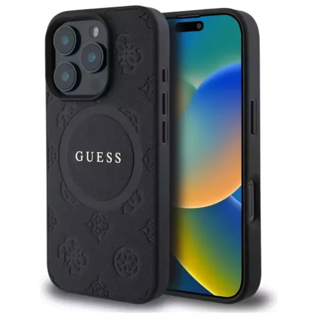 Guess Saffiano Peony Classic Logo MagSafe iPhone 16 Pro Case - Black