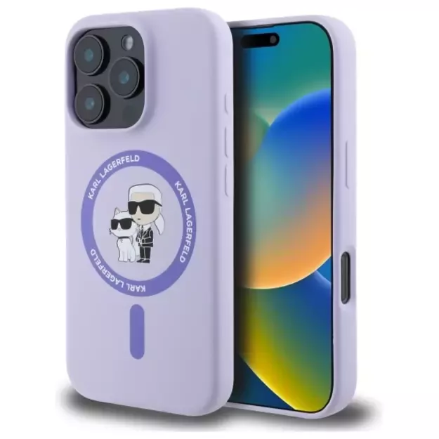 Karl Lagerfeld Silicone Karl&amp Choupette Heads Ring MagSafe Case for iPhone 16 Pro - Purple