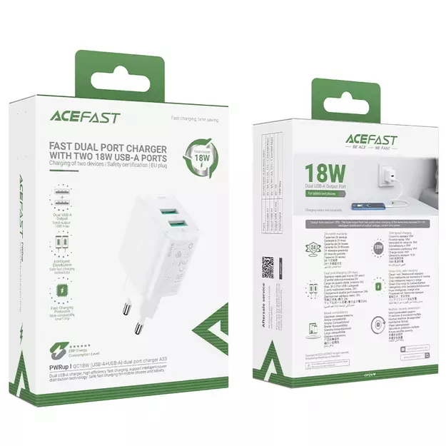 Acefast charger 2x USB 18W QC 3.0, AFC, FCP white (A33 white) 9