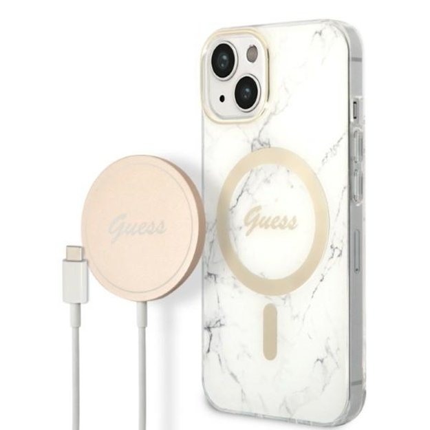 Set Guess GUBPP14SHMEACSH Case+ Charger iPhone 14 6.1&quot  white/white hard case Marble MagSafe