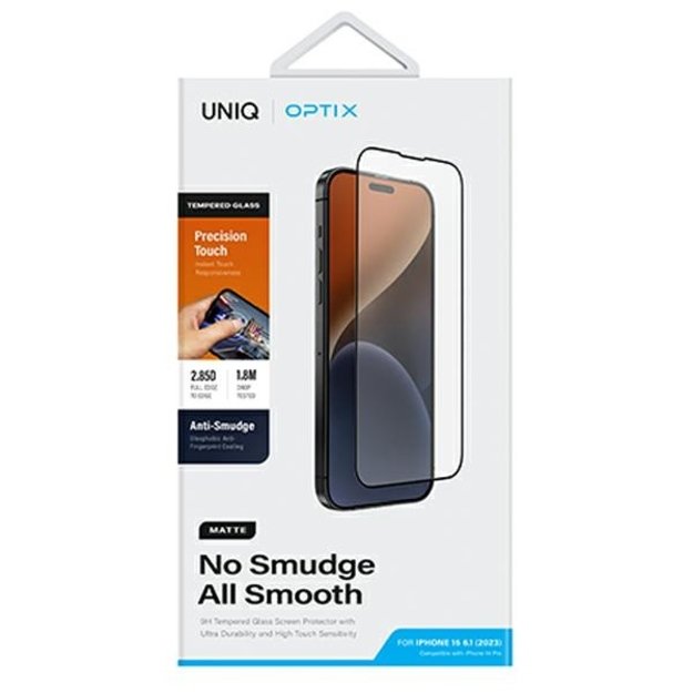 Uniq Optix Matte frosted tempered glass for iPhone 15 / 14 Pro with applicator 4
