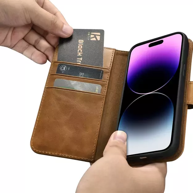 iCarer Oil Wax Wallet Case 2in1 Cover iPhone 14 Pro Anti-RFID Leather Flip Case Brown (WMI14220722-TN) 24