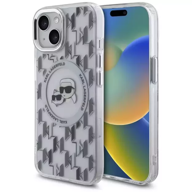 Karl Lagerfeld IML Monogram Karl &amp  Choupette Head MagSafe iPhone 15 Case - Clear