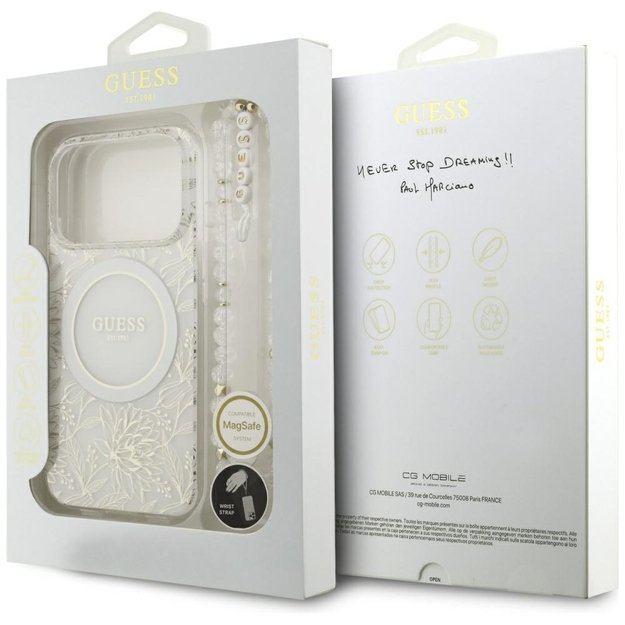 Guess IML Flowers Electro Pearl Strap MagSafe Case for iPhone 17 Pro - White 7