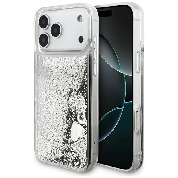 Guess Liq case. Glitter Charms for iPhone 17 Pro Max - silver